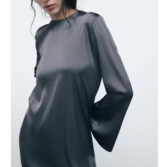 NWT SATIN Effect DARK CHARCOAL GRAY Long Sleeve Midi Dress - Picture 3 of 12